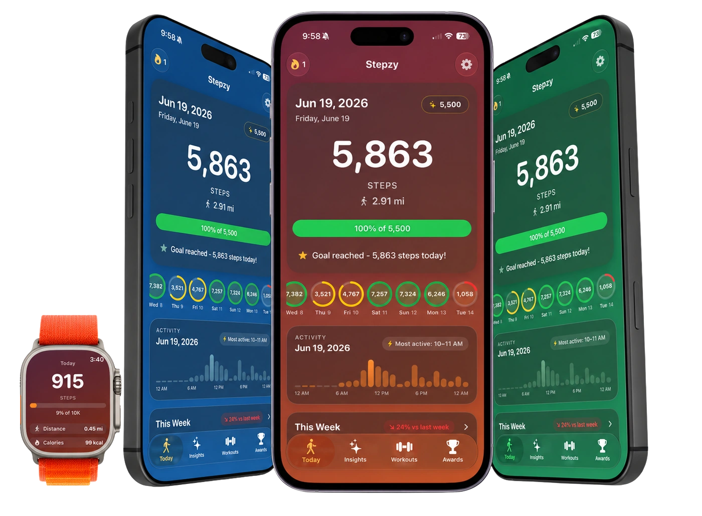 Stepzy today screen shown on three iPhones and an Apple Watch