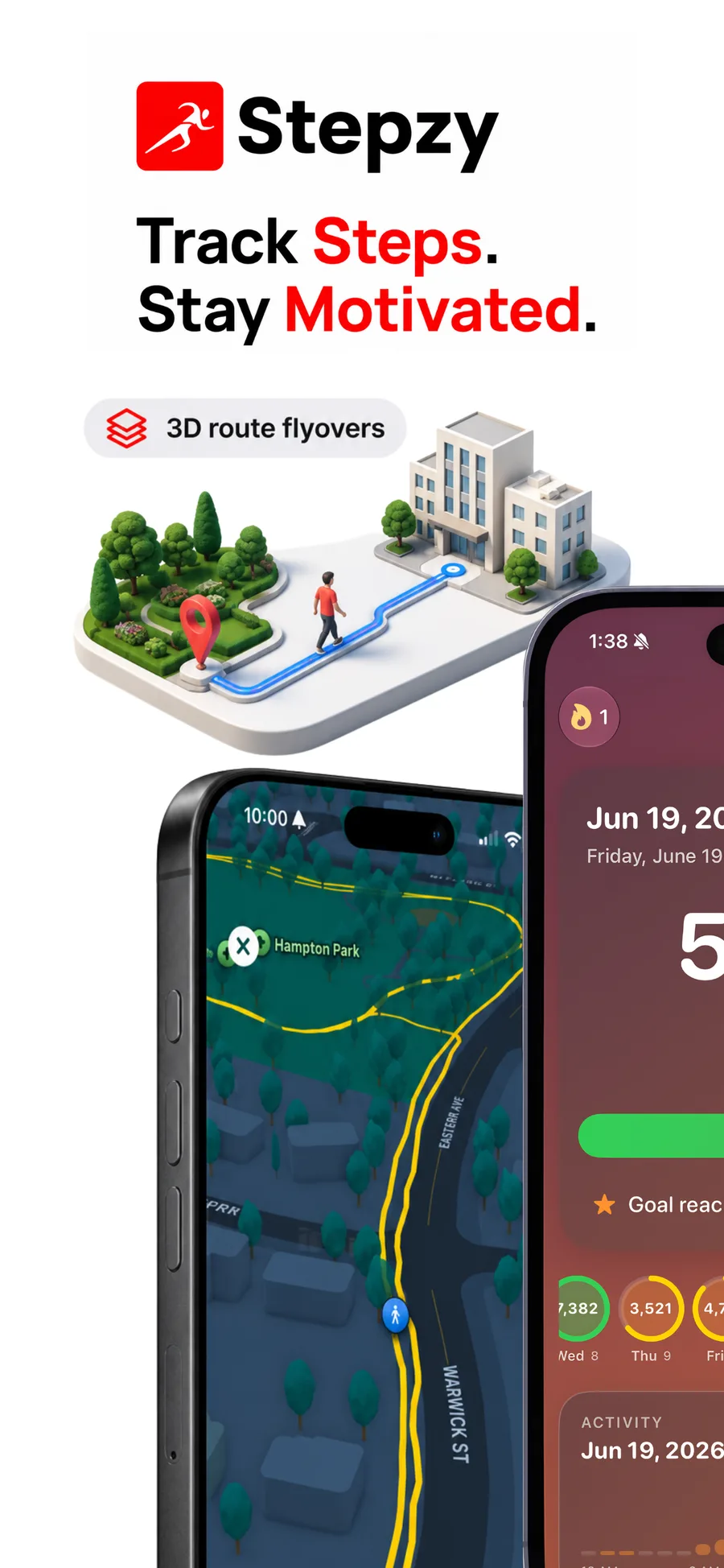 Stepzy Today screen with 3D route flyover